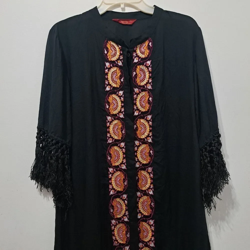Tigerlily Embroidered Button Down Fringe Cardigan Cruise Dress Small Black